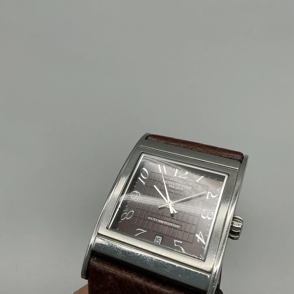 Kenneth Cole KC1238 Mens Watch 32mm Silver Tone Brown Leather Date New Battery
